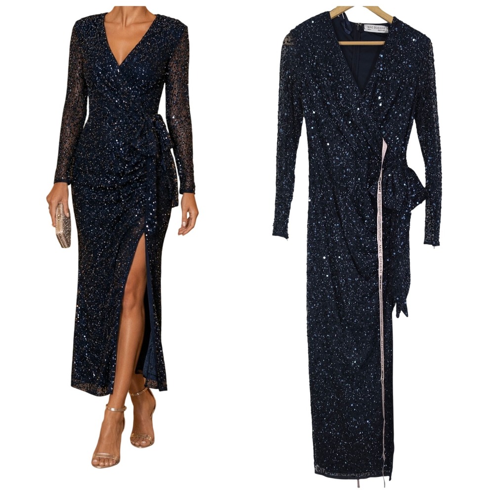 Mac Duggal full Sequin bow Midi Gown Navy Blue Long Sleeve Slit Dress 4 formal